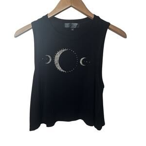 NeoClassics Graphic Crop Tank Women Sz Medium Black Cotton Blend Moon
